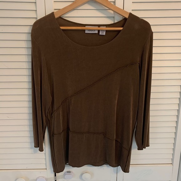 Chico's Tops - Chicos Travelers Olive Blouse Top Asymmetrical Seam 3/4 Sleeve‎ Women Sz 1 (M/8)